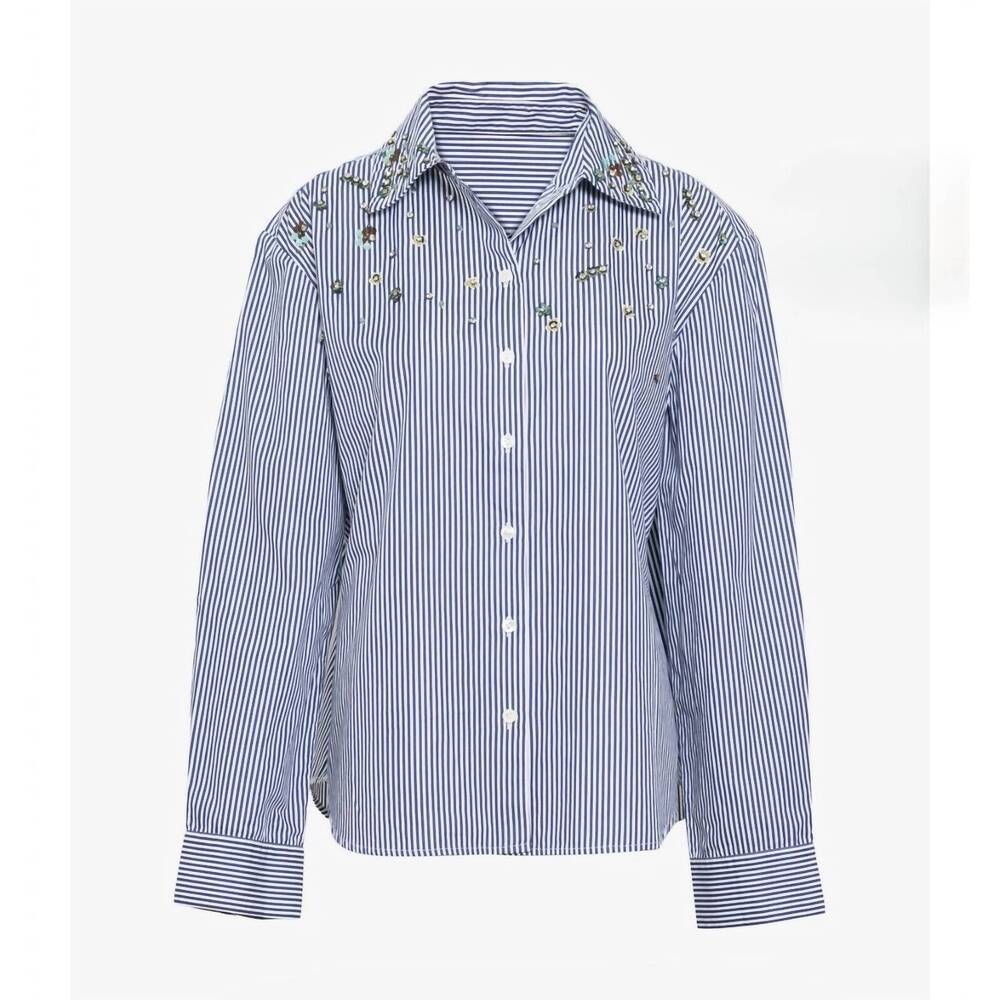 NEW TANYA TAYLOR women's margaux embellished top in blue/white stripe